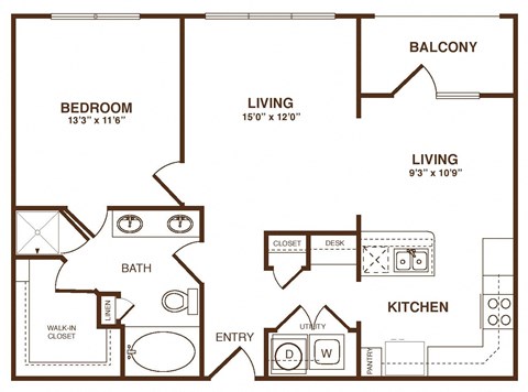 Floor plan for 1 bed, 1 bath, 856 sqft
